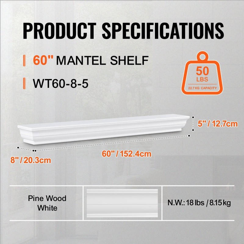 Seinälle asennettava takkahylly mäntypuusta 60 tuumaa leveä valkoinen kantavuus 22,7 kg