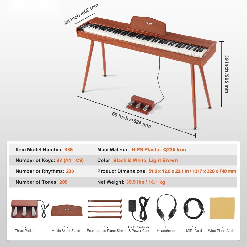 Sähköpiano 88 täysin painotettua kosketinta kaksoisnäppäimistöllä stereokaiuttimilla Bluetoothilla USB- ja MIDI-tuella