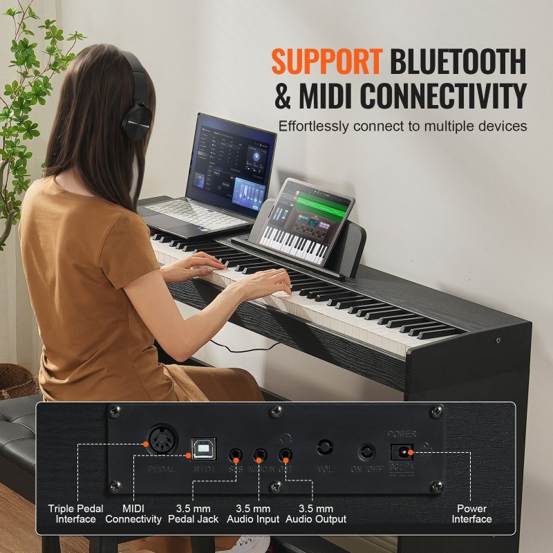 Digitaalipiano 88 täysin painotettua kosketinta kaksinkertainen näppäimistötila 200 ääntä Bluetooth USB MIDI