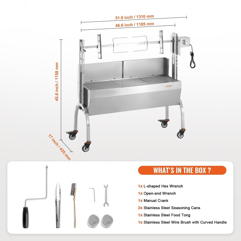 Sähköinen vartasgrilli ruostumatonta terästä 52 wattia 4 kierrosta minuutissa 89,8 kilogramman kantavuus