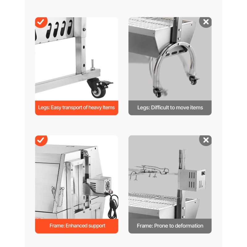 Sähköinen grillivarras ruostumaton teräs 56 tuumaa 130 kilogramman kantavuus lukittavilla pyörillä