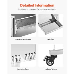 Sähköinen grillivarras ruostumaton teräs 56 tuumaa 130 kilogramman kantavuus lukittavilla pyörillä