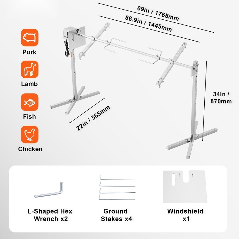 Sähköinen vartaalla pyörivä grilli ruostumatonta terästä 56 tuumaa 132 paunaa korkeussäädettävällä telineellä
