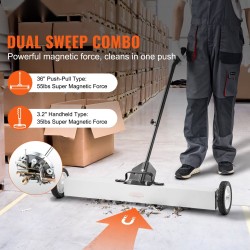 Magneettinen lakaisulaite 36 tuuman pyörillä 24,9 kilogramman vetovoima säädettävällä varrella ja teleskooppipoimurilla