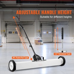 Magneettinen lakaisulaite 36 tuuman pyörillä 24,9 kilogramman vetovoima säädettävällä varrella ja teleskooppipoimurilla
