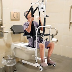 Sähköinen siirto- ja nostotuoli teräsrunko säädettävällä korkeudella valjaallinen 180 asteen jaettava istuin