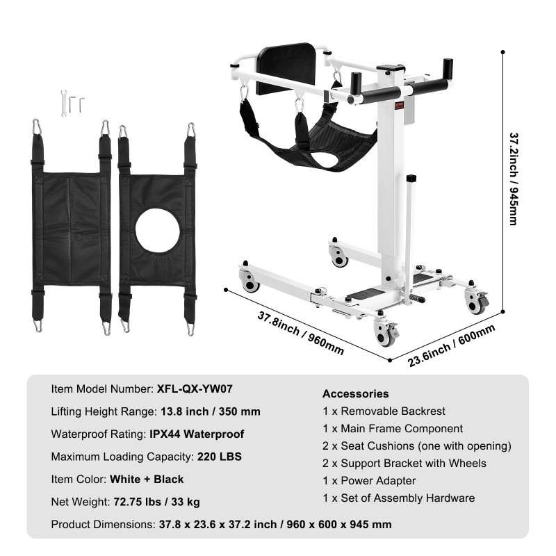 Sähköinen potilasnostin ja siirtotuoli taittuva 99,8 kg kantavuus roiskevedenkestävä