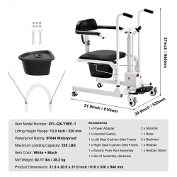 Sähköinen siirtotuoli teräsrunko 180 asteen jaettava istuin roiskevesisuojattu 220 paunan kantavuus