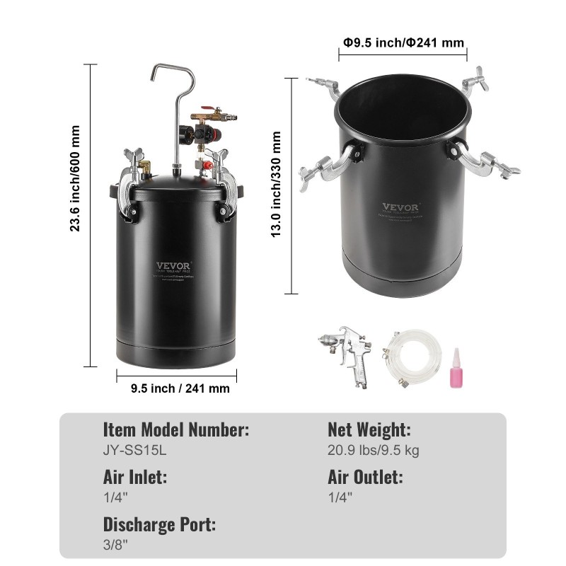 Painevärisäiliö 15L teräs säädettävä paine 60 psi ruisku kotikäyttö teollisuuskäyttö