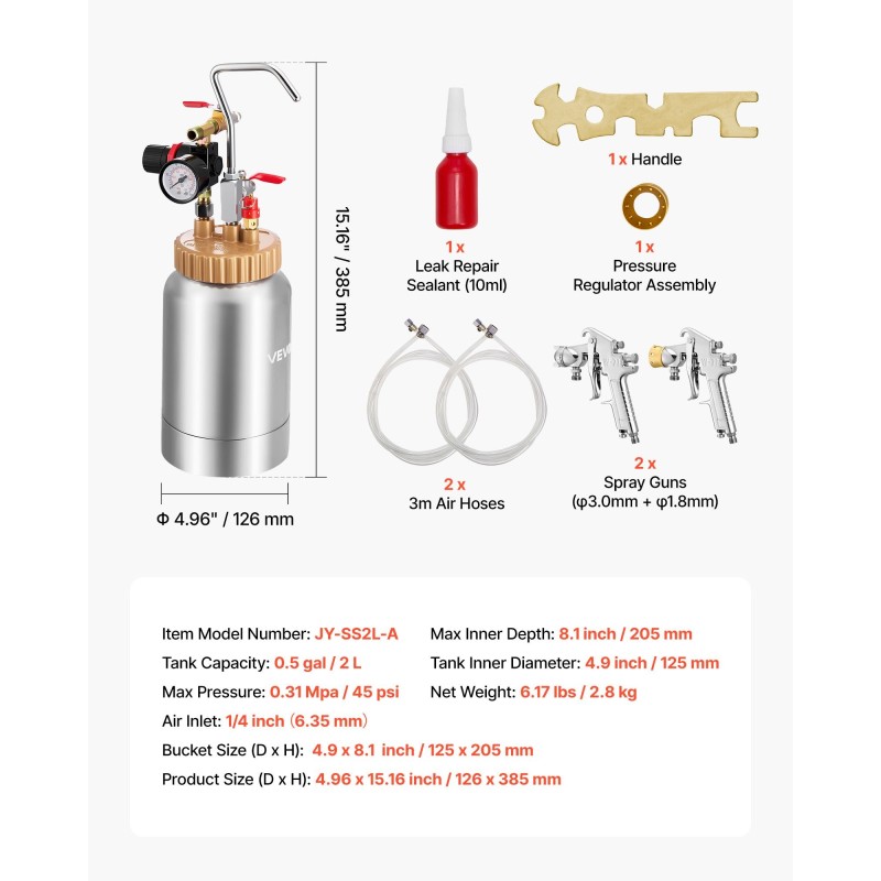 Paineistettava 2 l maalipata suuttimet 1,8 ja 3 mm kahdella letkulla