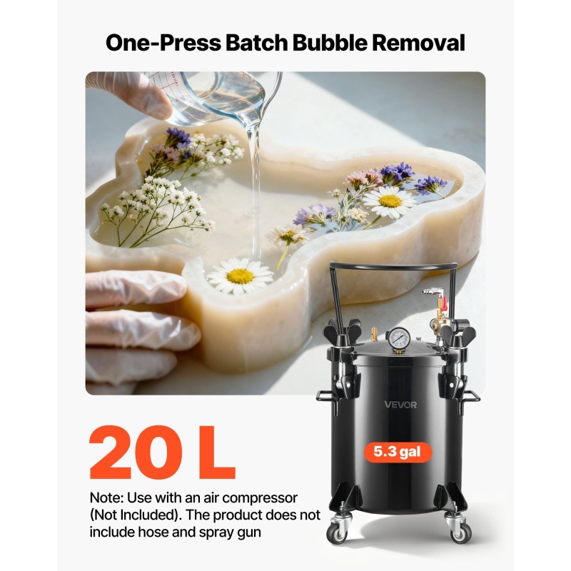 20 litran teräksinen maalauspaineastia kolmella pikaliittimellä ja pyörillä