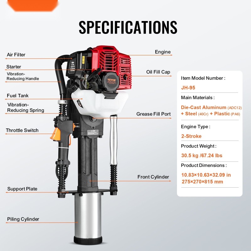 Bensiinikäyttöinen 52cc 2‑tahti paalutuskone 1,4 kW holkit 49/69/100 mm aitojen asennukseen