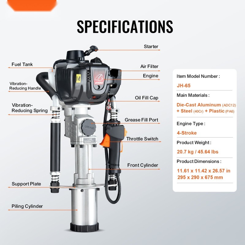 Bensiinikäyttöinen paalutuslaite 37,7 cm3 4-tahtimoottorilla kolmella holkilla 45/55/88 mm maatiloille