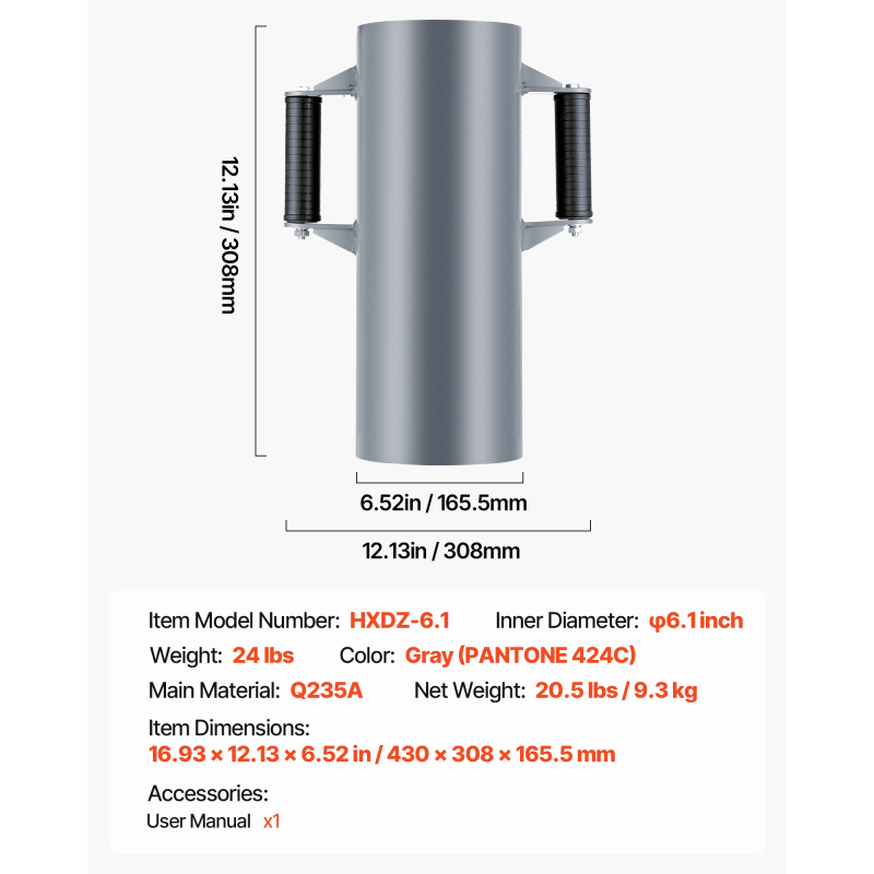 Käsikäyttöinen terästolpanlyöjä aitatolpille sisähalkaisija 6,1 tuumaa suuri kahva