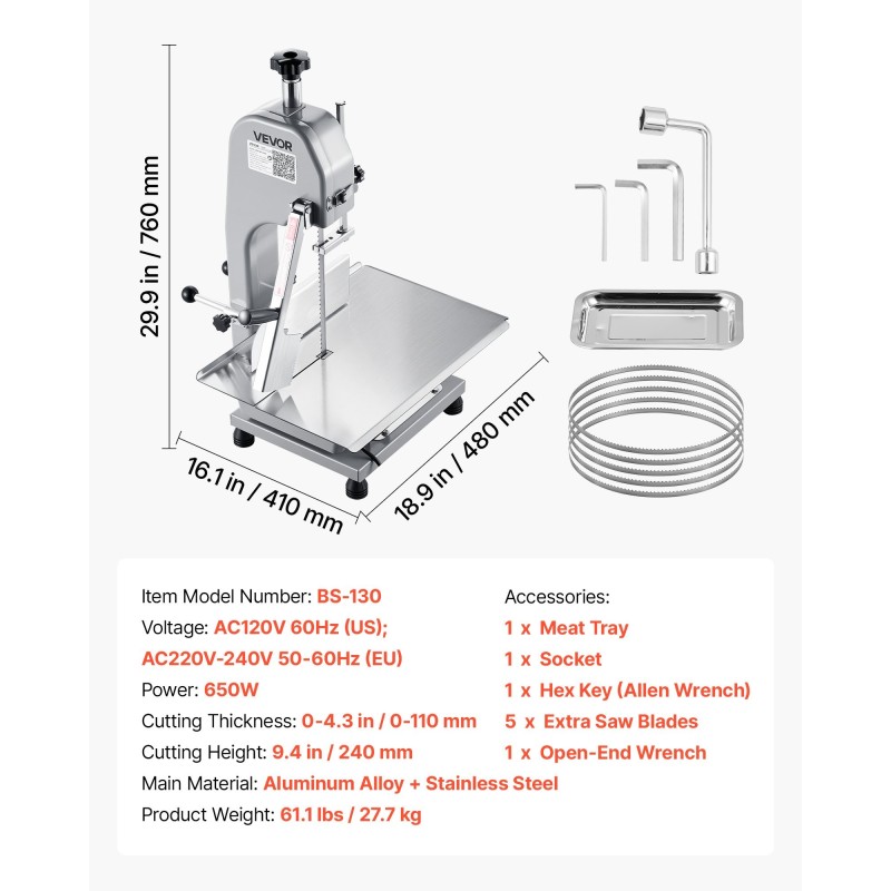 Sähköinen lihasaha 650W ruostumaton työtaso 315x460 mm 110 mm leikkuupaksuus ammattikäyttöön