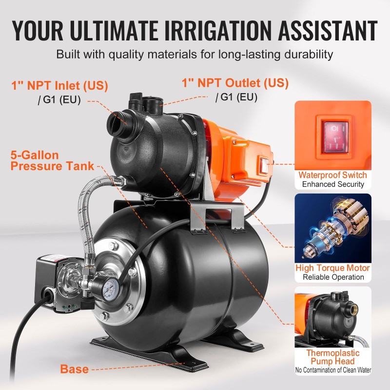 Matalakaivopumppu 745 W termoplastinen pumppupää 63 l/min 50 m 19 l paineastiolla