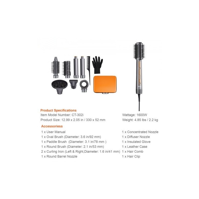 Muotoilu- ja kuivausharja 7-osainen 4 muotoiluharjaa 3 suulaketta 1600 wattia