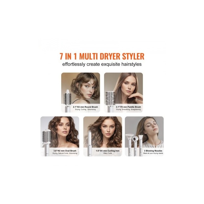 Kuumailmamuotoilija 7-in-1 4 harjapäätä 3 suutinta ioninen 1400W automaattinen kiharrus