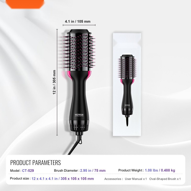 Kuumailmaharja nelitoiminen keraamisella pinnoitteella 75 mm ovaali harja negatiiviset ionit 3 lämpöasetusta