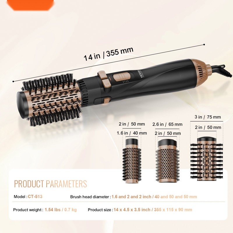 Kuuma-ilmaharja keraamisella pinnoitteella 3 harjapäätä 40 50 mm pyörivä harjapää 3 lämpöasetusta