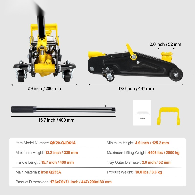 Matalaprofiilinen hydraulinen hallitunkki 2 tonnia rautainen runko 125–335 mm