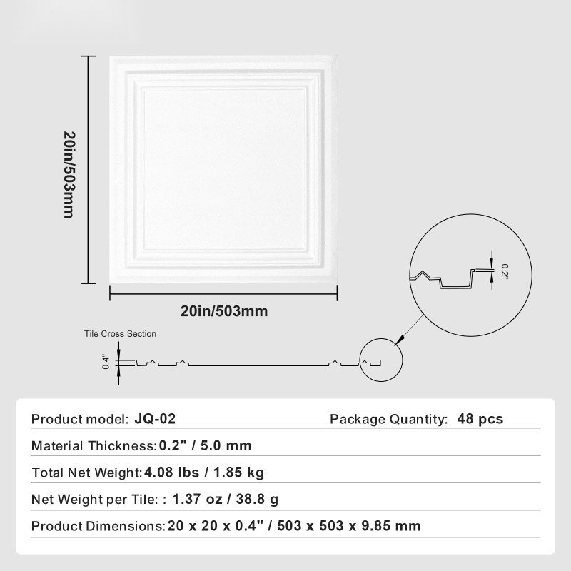 Kattopaneelit polystyreenistä 48 kpl 503 x 503 mm alaslaskettuihin kattoihin valkoinen