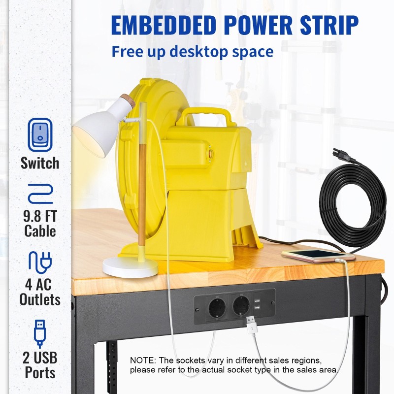 Säädettävä työpöytä tammipöytälevy 1220 mm leveä 508 mm syvä virtapistorasialla