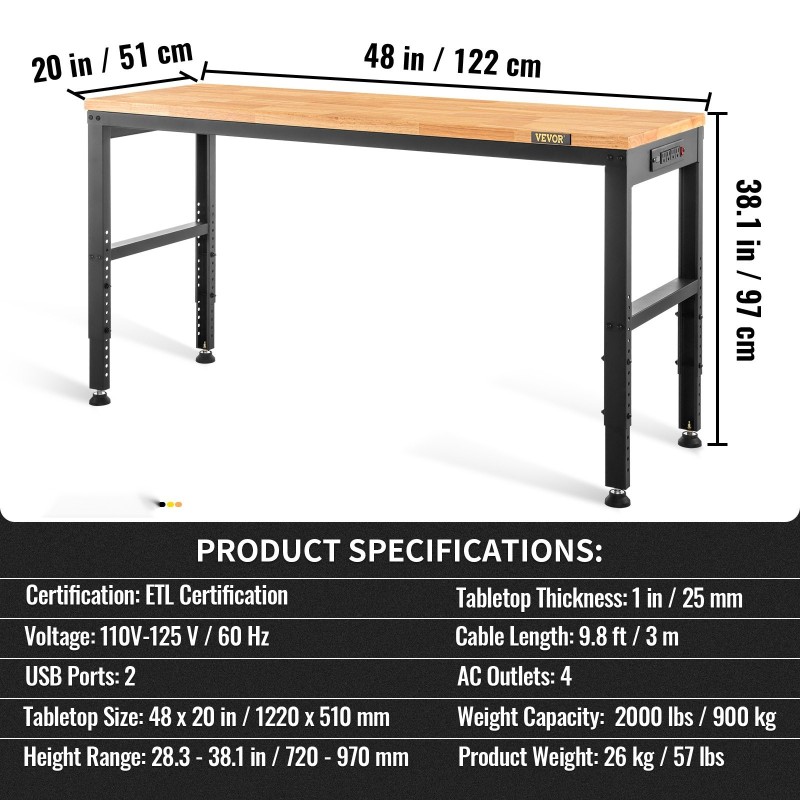 Säädettävä työpöytä tammipöytälevy 1220 mm leveä 508 mm syvä virtapistorasialla