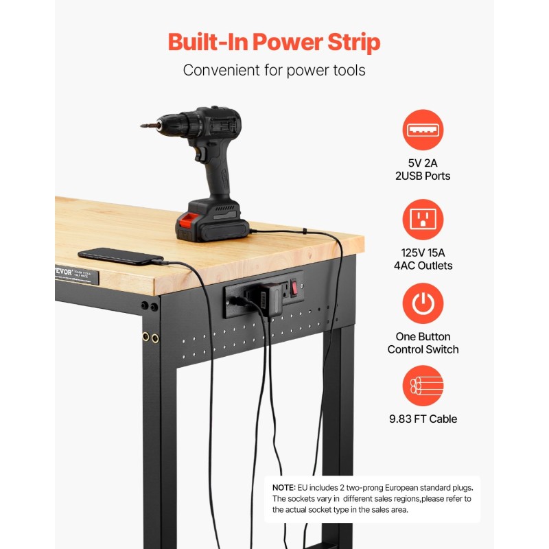Säädettävä työpöytä tammikansi 1524 mm 907 kg kantava pistorasialla ja pyörillä