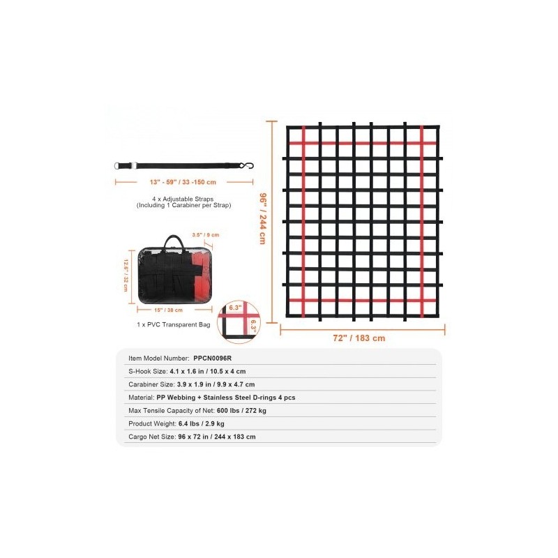 Kuormaverkko polypropeeni 2440 x 1830 mm 272 kg kantavuus 4 säädettävää hihnaa