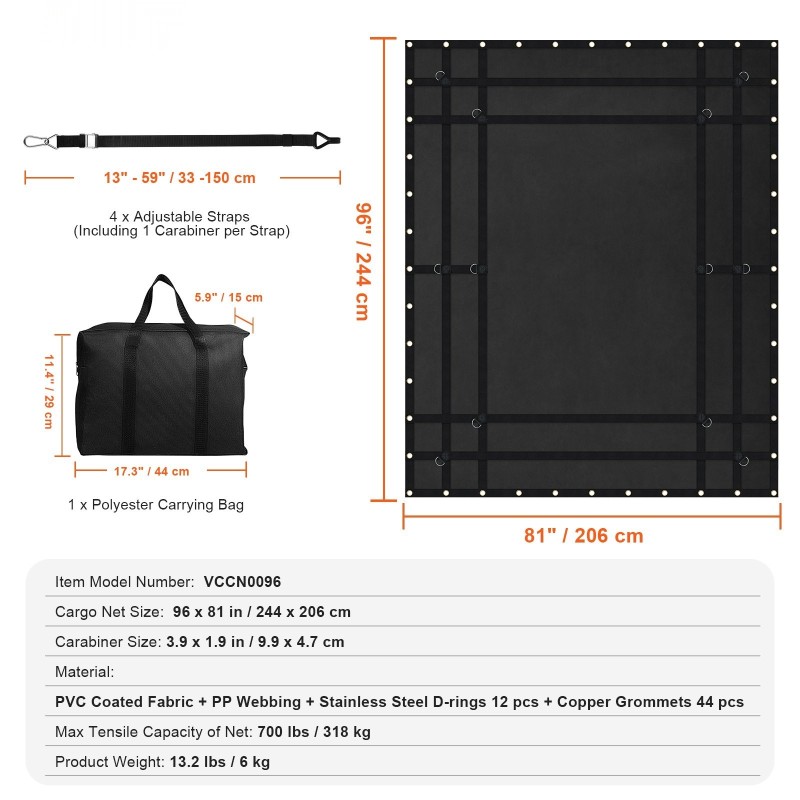 Kuormaverkko PVC-pinnoitteinen kangas 2440 x 2060 mm säädettävät hihnat 318 kg