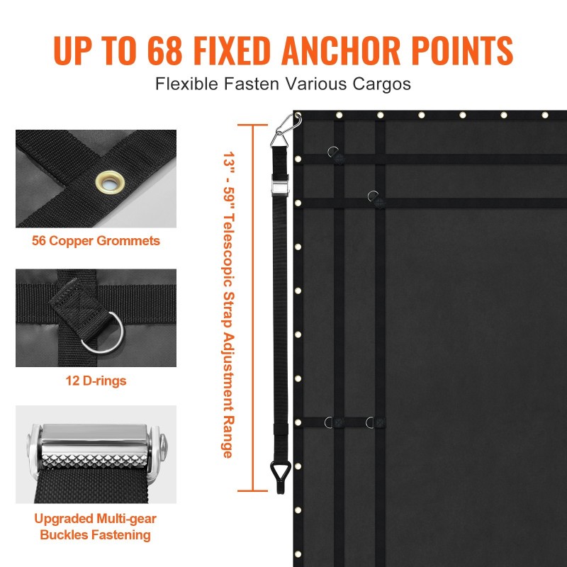 Kuormaverkko PVC-pinnoitettua kangasta 3050 x 2670 mm säädettävillä hihnoilla kumipäällysteisillä koukuilla