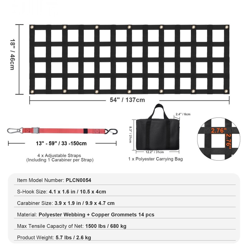 Peräportin verkko polyesteri 1370 x 460 mm, 680 kg vetolujuus, 4 teleskooppihihnaa