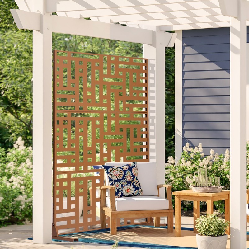 Metallinen 3-paneelinen näkösuoja jalustalla 120 x 50,8 x 193 cm ruskea parvekkeelle