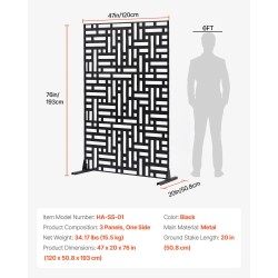 Metallinen 3-paneelinen vapaasti seisova näkösuoja 120×50,8×193 cm musta