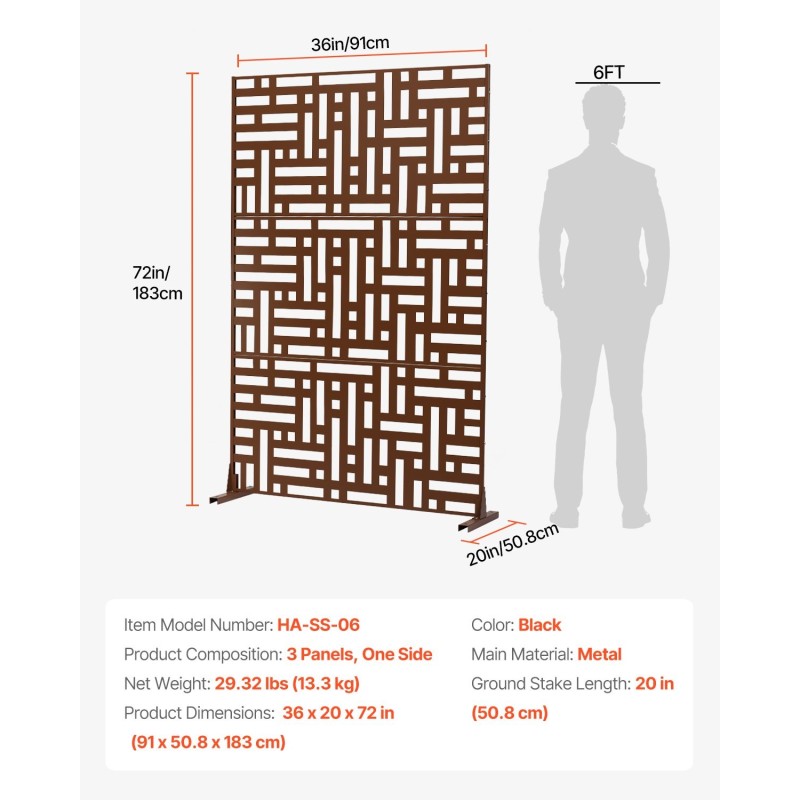 Metallinen 3-paneelinen yksityisyysseinä 91 x 191 cm ruskea vapaasti seisova jalustalla parvekkeelle