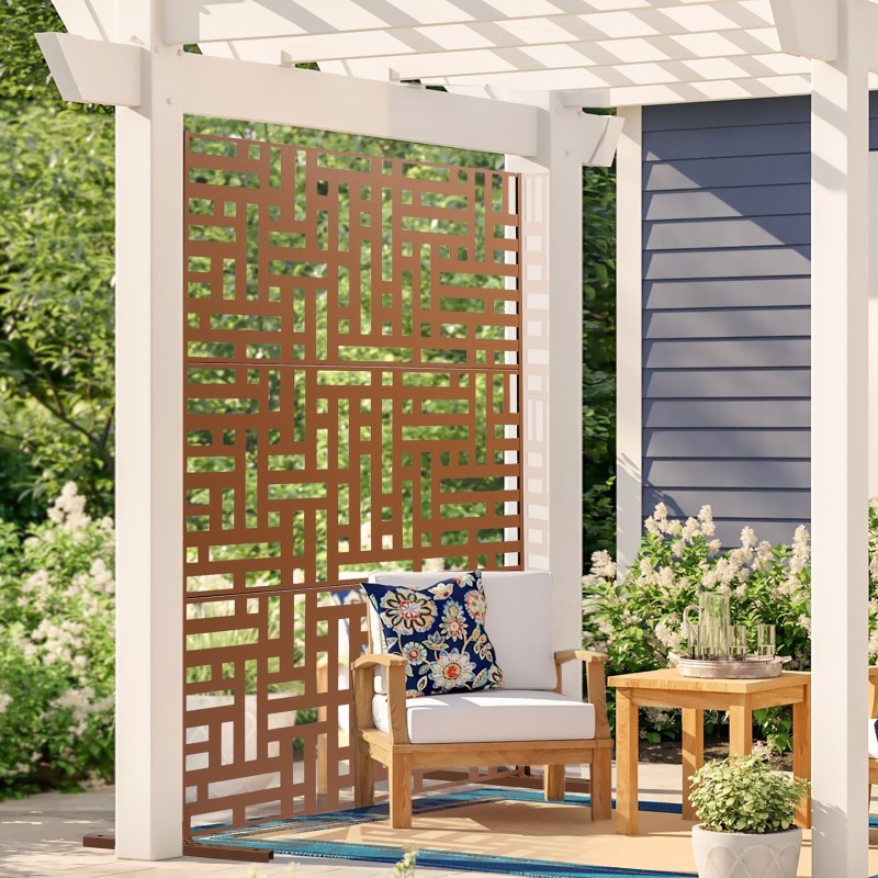 Metallinen 3-paneelinen yksityisyysseinä 91 x 191 cm ruskea vapaasti seisova jalustalla parvekkeelle