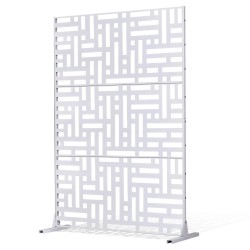 Metallinen näkösuoja kolme paneelia 120 senttimetriä leveä 193 senttimetriä korkea valkoinen jalustalla