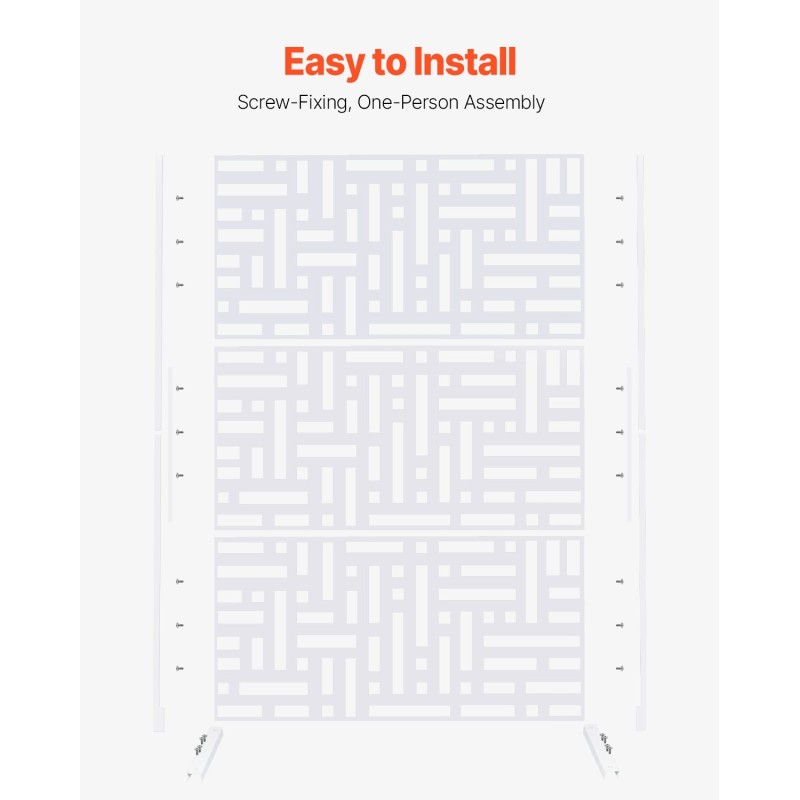 Metallinen näkösuoja kolme paneelia 120 senttimetriä leveä 193 senttimetriä korkea valkoinen jalustalla