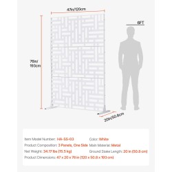 Metallinen näkösuoja kolme paneelia 120 senttimetriä leveä 193 senttimetriä korkea valkoinen jalustalla