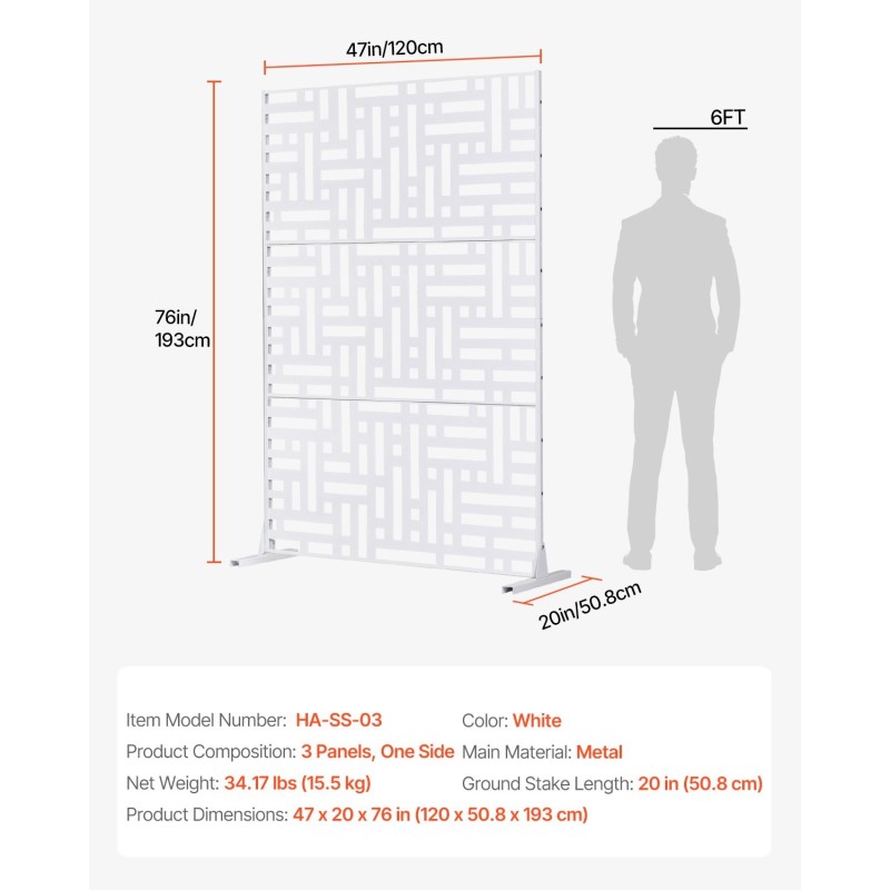 Metallinen näkösuoja kolme paneelia 120 senttimetriä leveä 193 senttimetriä korkea valkoinen jalustalla