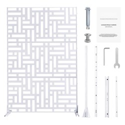 Metallinen näkösuoja kolme paneelia 120 senttimetriä leveä 193 senttimetriä korkea valkoinen jalustalla