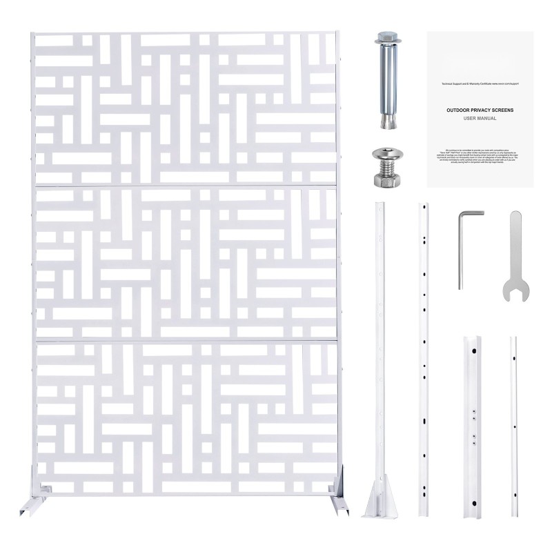 Metallinen näkösuoja kolme paneelia 120 senttimetriä leveä 193 senttimetriä korkea valkoinen jalustalla