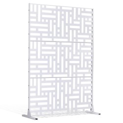 Metallinen näkösuoja kolme paneelia 120 senttimetriä leveä 193 senttimetriä korkea valkoinen jalustalla