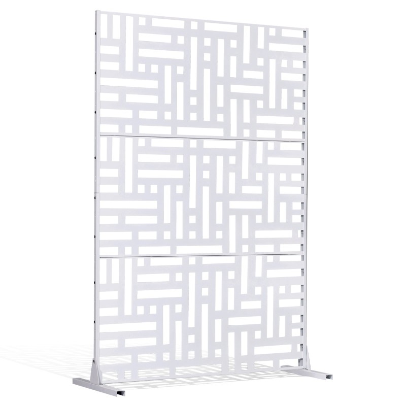 Metallinen näkösuoja kolme paneelia 120 senttimetriä leveä 193 senttimetriä korkea valkoinen jalustalla