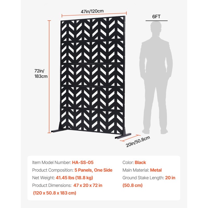 Metallinen 5-paneelinen vapaasti seisova näkösuoja musta 120 x 50,8 x 183 cm