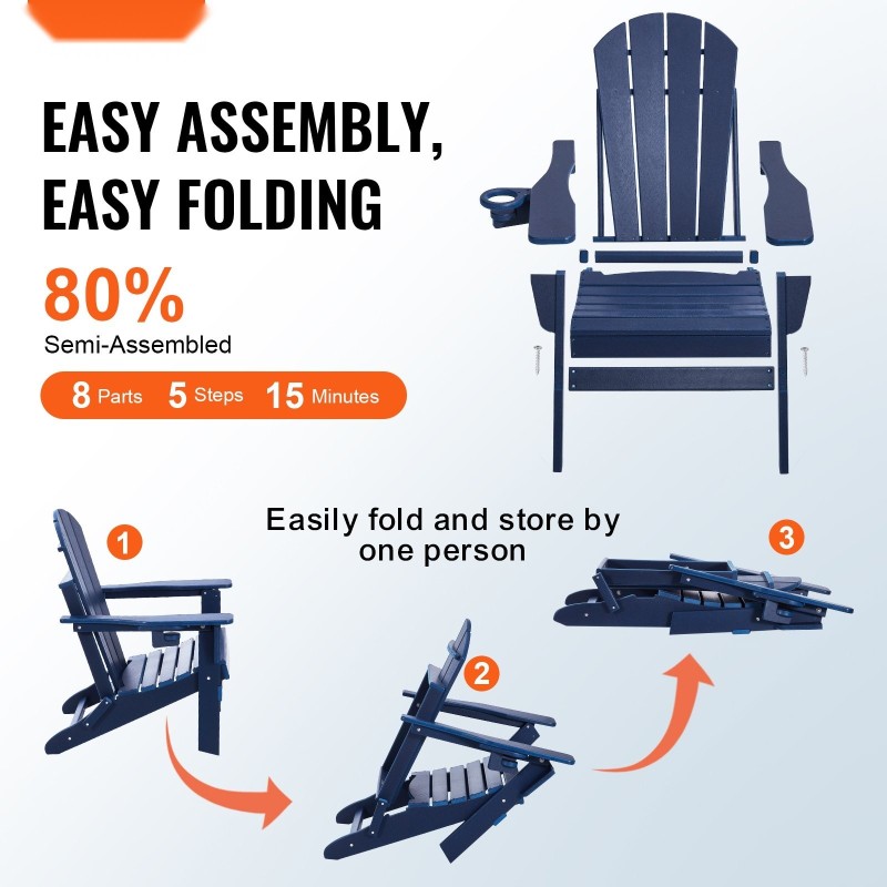 Taitettava Adirondack-tuoli HDPE-muovinen 2 kpl ulkokäyttöön käsinojat mukiteline tummansininen