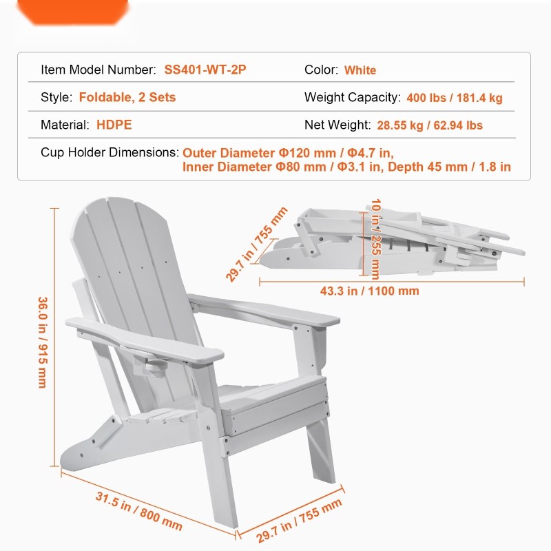 Ulkotuoli Adirondack HDPE-muovi kokoontaitettava 2 kpl valkoinen säänkestävä kuppiteline