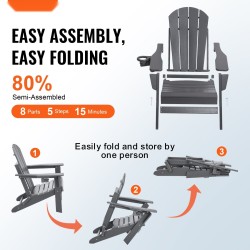 Kokoontaitettavat Adirondack-tyyliset ulkotuolit säänkestävä HDPE-muovi 2 kpl harmaa mukiteline