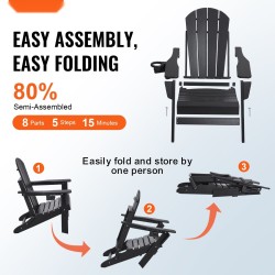 Taitettava Adirondack-tuolisetti 2 kpl HDPE-muovia ulkokäyttöön musta mukinpidikkeellä